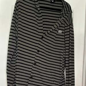 LRG Lifted Research Group Gray and Black Striped Button-Up Hooded Cardigan